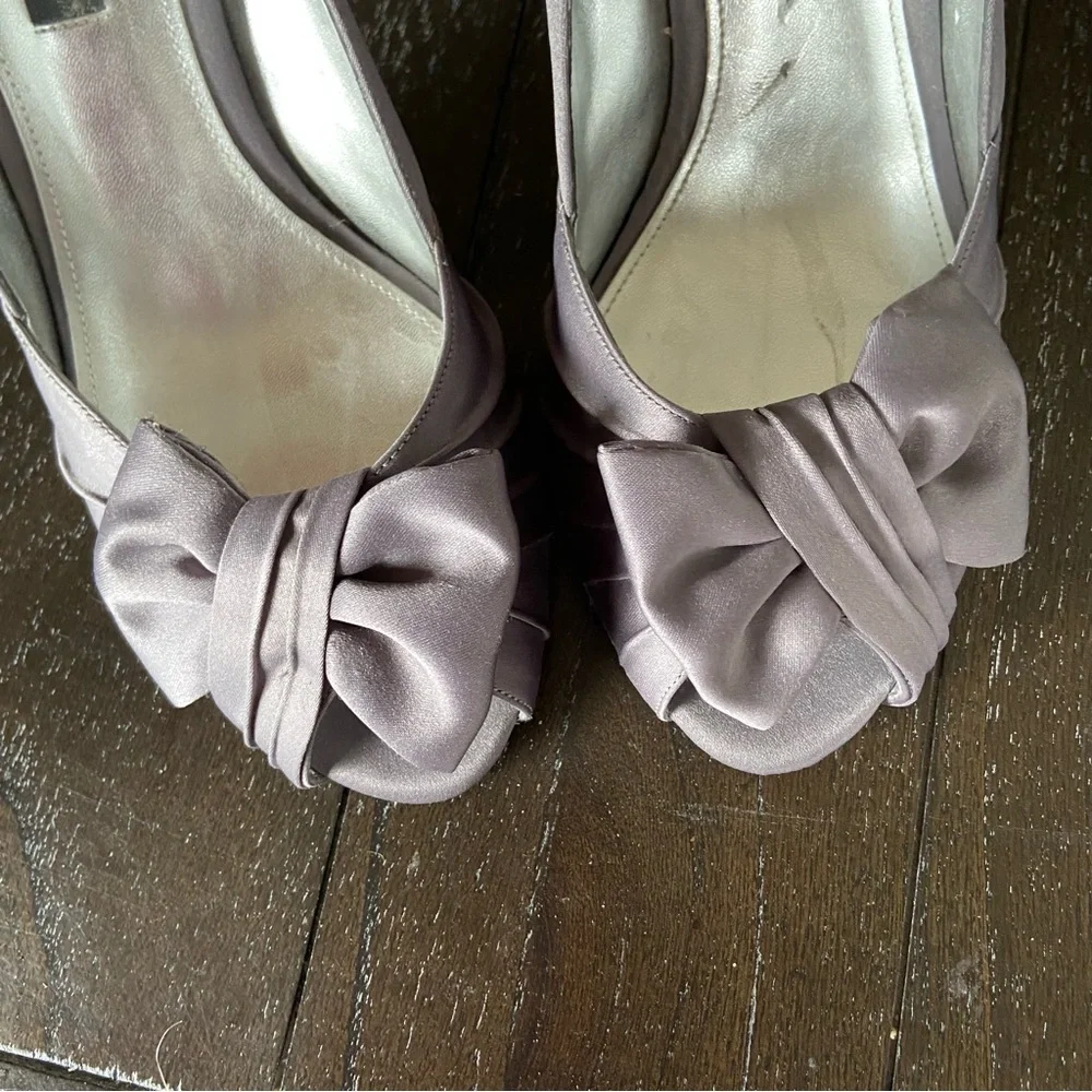 Nina Steel Grey Peep Toe Bow‎ Satin Pumps Heels Special Event Wedding 9M Dressy